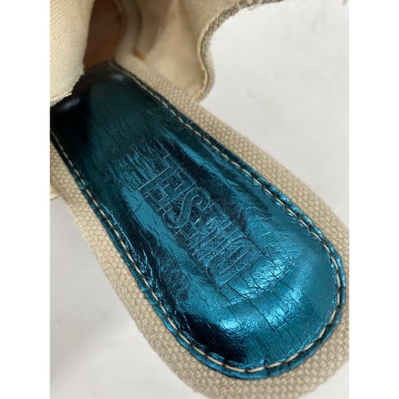 DIESEL Khaki Canvas  Peep Toe Blue Metallic Wedge Heel Shoes Women's Sz 40 (9) - Picture 9 of 12